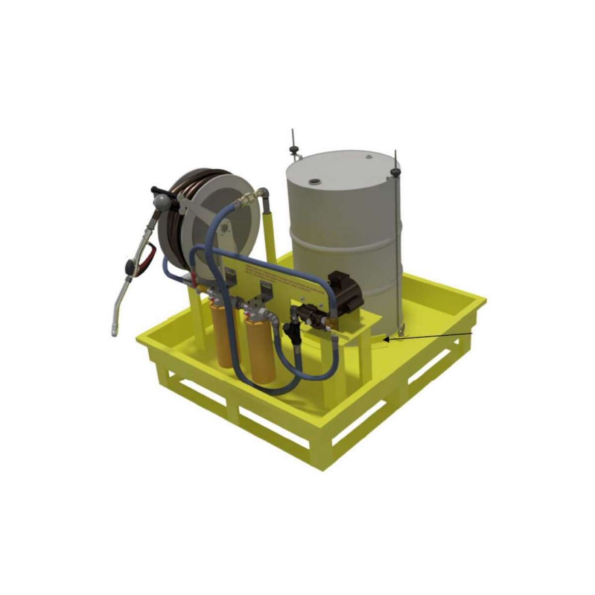 Lube skid with fabricated steel skid with spill containment for transferring